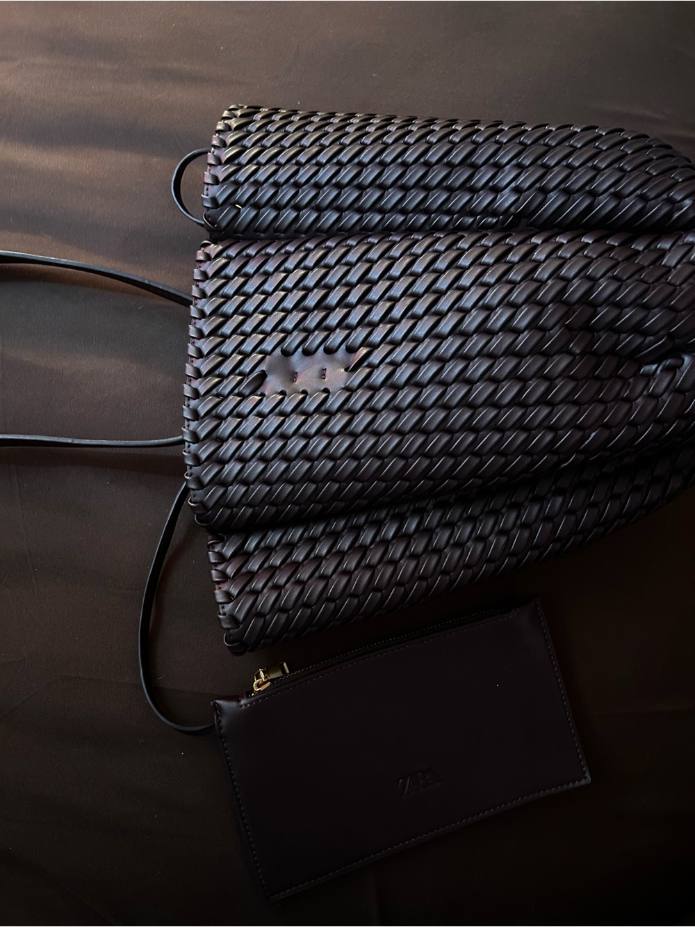 Zara Black Woven Leather Messenger Bag with Zip Pouch